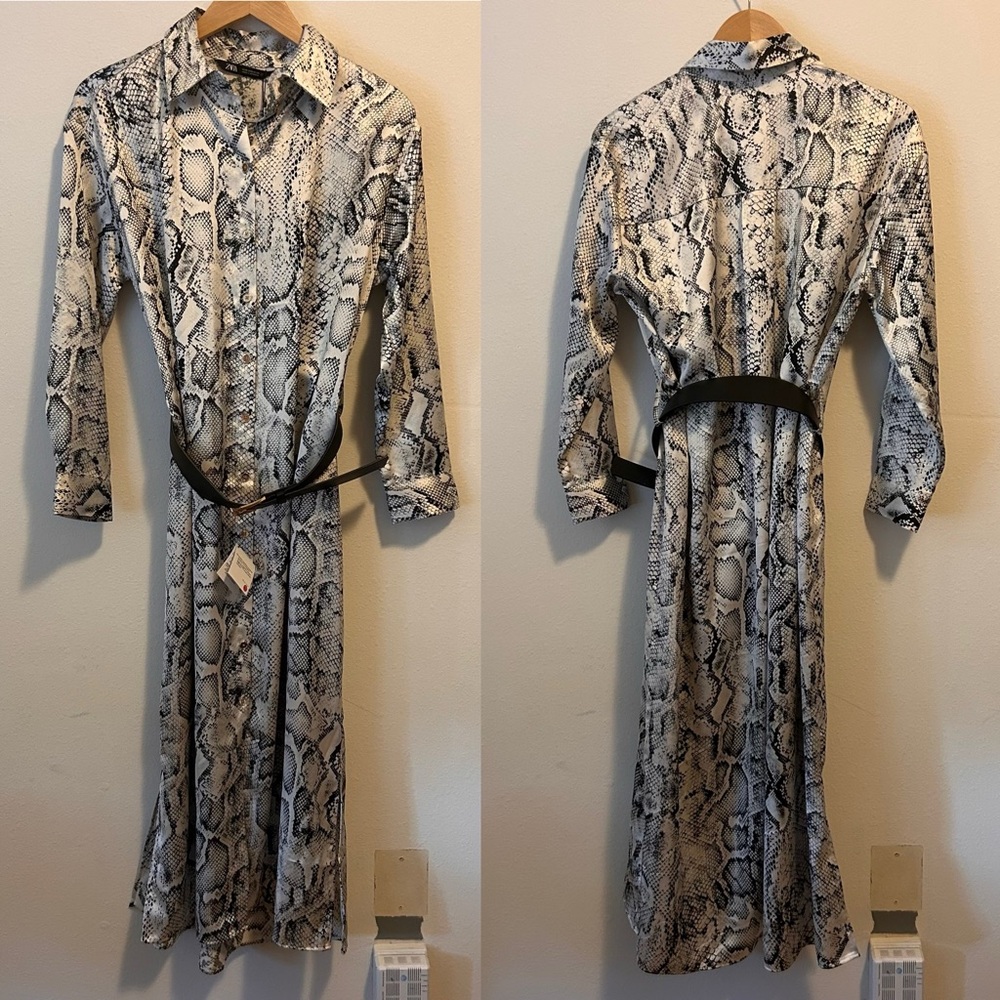New! Zara S Women’s Monochrome Snakeskin Pattern MIDI Belted Button Down Dress